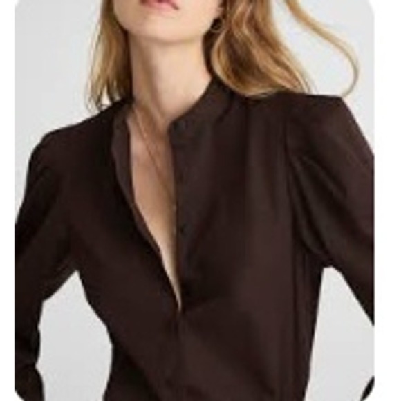 Madewell Top Womens 2XS Brown Poplin Button Pleated Puff Sleeve XXS NW627 Shirt - Picture 2 of 11